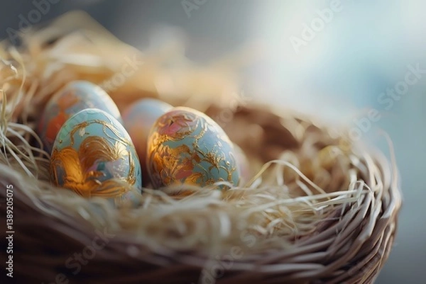 Obraz Decorated Easter eggs rest in a nest of straw within a small, round woven basket