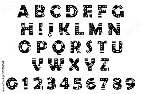 Fototapeta African, Aztec or Maya tribal font in Black color. Decorative alphabet with exotic ethnic pattern. Folk lettering design and set of numbers 0-9 for textiles and posters, brochure banners