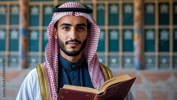 Obraz Middle Eastern Man in Traditional Arab Attire with Red and White Keffiyeh, Smiling and Holding an Open Book Against an Ornate Architectural Background