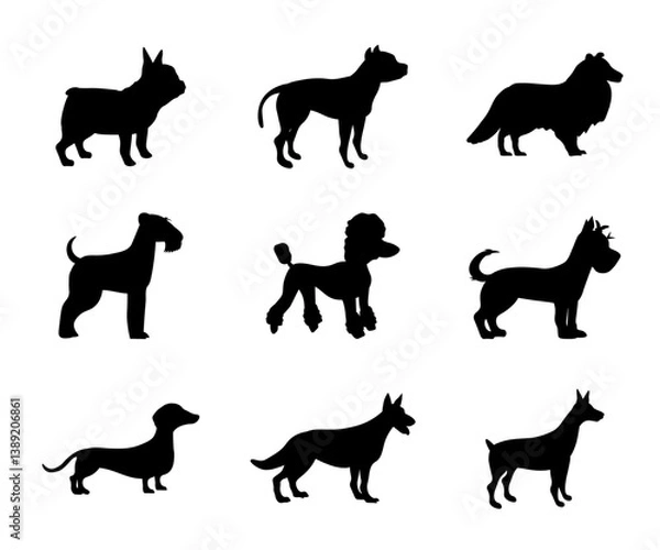 Fototapeta Set of black dog silhouettes featuring different breeds such as bulldog, pit bull, collie, schnauzer, poodle, dachshund, shepherd and terrier. Minimalistic flat vector illustrations set.