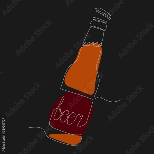 Fototapeta Single one-line drawing of beer bottle with flying cap on black background. Drinks concept. Continuous white line. Lineart
