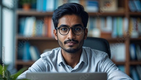 Obraz Digital Nomad Studying in a Library with Bookshelves, Laptop, and Wooden Desk in a Knowledge-Seeking Atmosphere