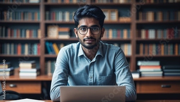 Obraz Indian Man in a Library Setting Focused on Studying with a Laptop, Glasses, and Wooden Desk