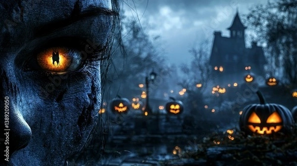 Fototapeta Spooky Jack O' Lantern Eyes Trick or Treating on Halloween Night A Haunting Samhain Scene for All Hallows' Eve (October 31) 3D Render