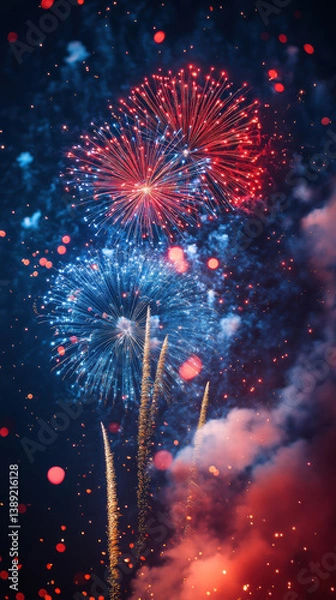 Fototapeta Vibrant red and blue fireworks exploding in night sky