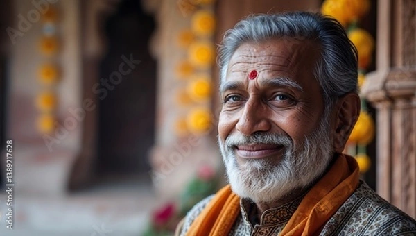 Obraz Portrait of an Elderly Indian Man with Gray Beard and Colorful Scarf, Captured in Soft Natural Light with a Warm Smile and Traditional Attire