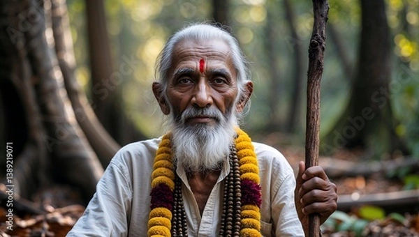 Obraz Spiritual Tribal Leader with Traditional Attire, Earthy Tones, and Weathered Features Holding a Wooden Staff in an Ethereal Forest Scene
