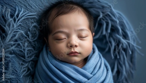 Obraz Peaceful Infant Photography Featuring a Wrapped Newborn in Blue with Gentle Lighting, Ethereal Mood, and Professional Studio Styling