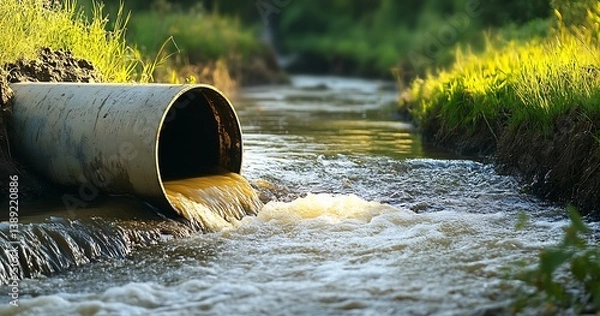 Fototapeta Concrete drainage pipe releasing contaminated water into a stream surrounded by lush grass : Generative AI