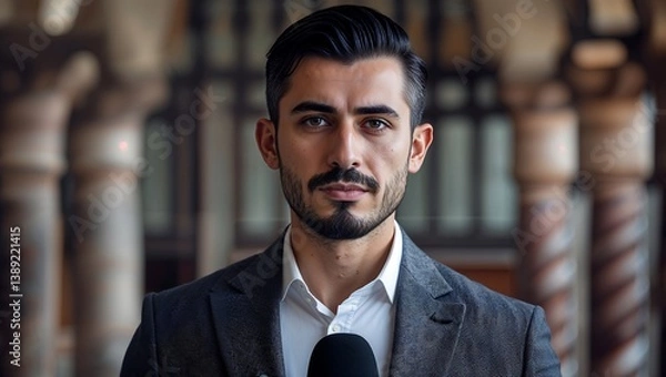 Obraz Stylish Business Portrait Featuring a Well-Dressed Man with a Strong Jawline, Focused Look, and Contemporary Office Background