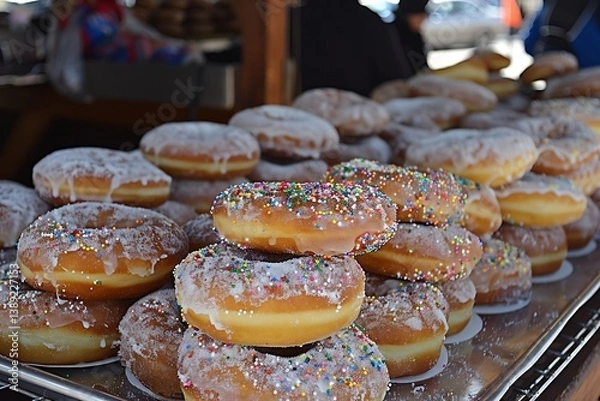 Obraz Sugar glazed doughnuts stacked a tray sprinkled with colorful toppings