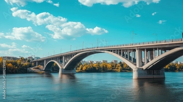 Fototapeta Majestic arch bridge spanning a river under a vibrant sky