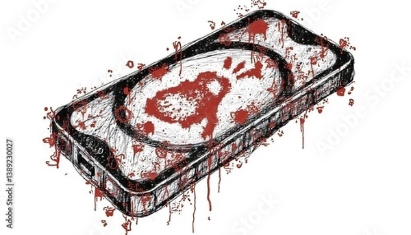 Fototapeta Bloody Handprint On Smartphone Illustration In Grunge Style For Crime Scene Concepts