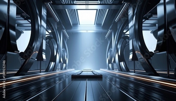 Fototapeta Futuristic Interior Corridor Perspective Showcasing Modern Architecture And Technology Elements