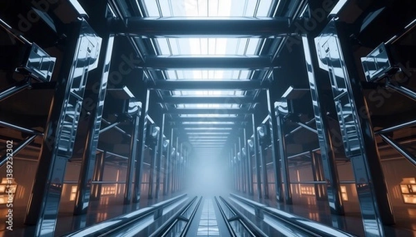 Fototapeta Abstract Silver Metallic Tunnel Leading Into Light Generative Artificial Intelligence Render