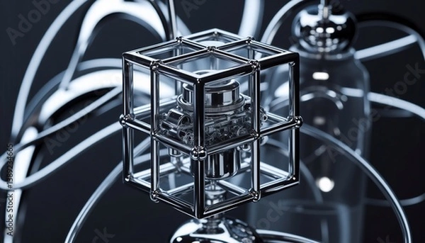 Fototapeta Abstract Chrome Sculpture Modern Art Design With Metallic Components Displayed In Studio