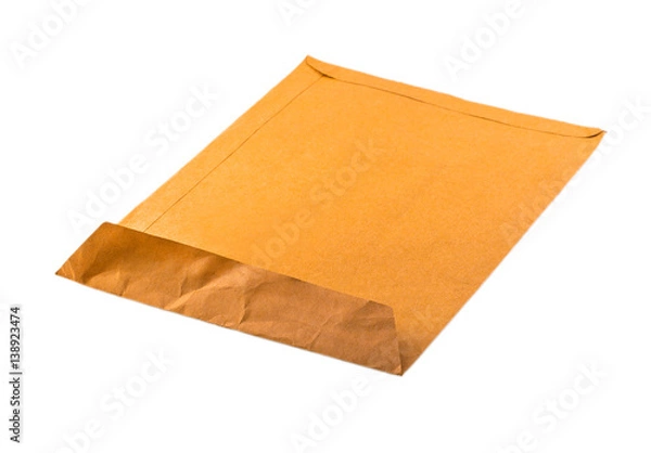 Fototapeta Open used yellow envelope isolated on white background