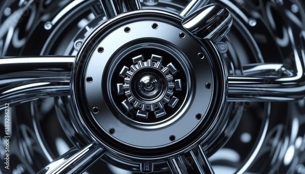 Fototapeta Chrome Vault Door Lock Mechanism Abstract Close Up Industrial Design