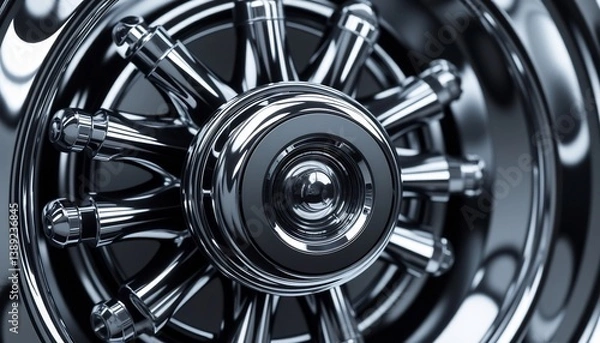 Fototapeta Close Up Of Shiny Chrome Car Wheel With Spokes And Details