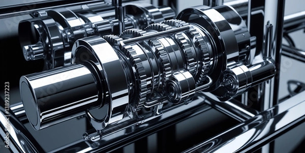 Fototapeta Shiny Chrome Gearbox Assembly Engineering Precision Metalwork Industrial Design Close Up