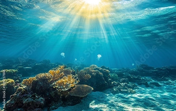 Fototapeta The underwater landscape of the Red Sea features coral reefs and a sandy bottom, showcasing clear blue water in an idyllic scene. The sun's rays create ripples on the sea surface, illuminating vibrant