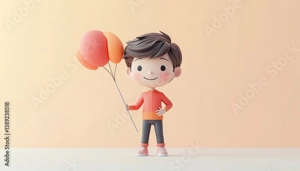 Fototapeta 3D Render Of Boy Holding Balloons On A Soft Pastel Background