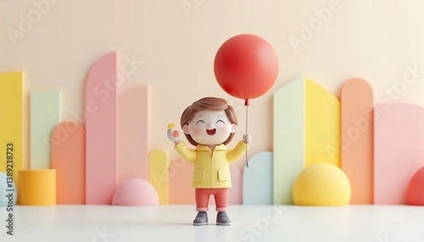 Fototapeta Cheerful Cartoon Girl Holding A Balloon With Colorful Geometric Shapes In The Background