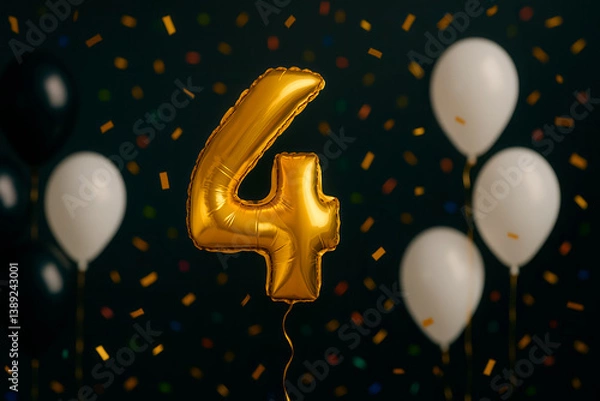 Fototapeta Golden number 4 balloon surrounded by festive balloons and confetti, ideal for fourth birthdays, celebration cards, or special event invitations