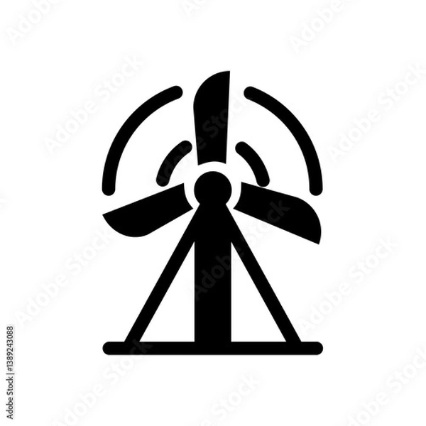 Obraz Wind Turbine – A black and white minimalist icon of a wind turbine with three clean, symmetrical blades. 