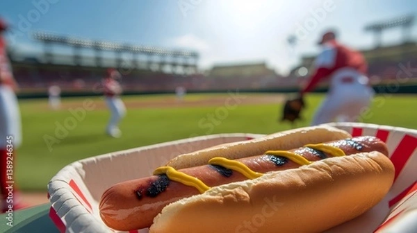 Fototapeta Grilled Hot Dog with Mustard at Baseball Stadium on Sunny Day
