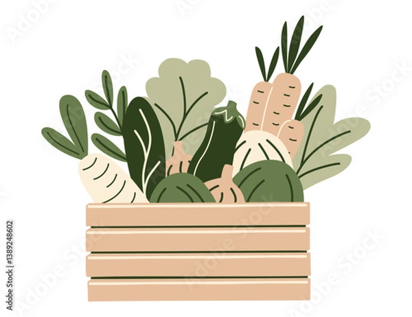 Fototapeta Wooden crate filled fresh grocery healthy food products from supermarket or farmer market. Vegetables, greens in zero-waste packaging for eco-friendly design. Vector illustration in organic flat style