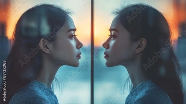 Fototapeta A person looking into a mirror, seeing two completely different versions of themselves, one confident and glowing, the other fragile and withdrawn