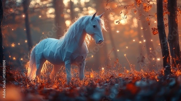 Obraz White unicorn autumn forest sunset magic fantasy