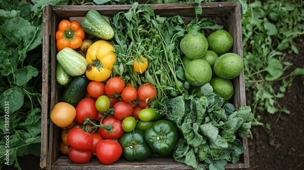 Fototapeta Rustic farm-to-table freshly picked vegetables still covered in morning dew