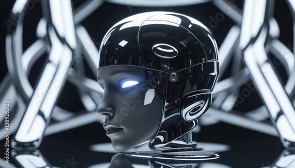 Fototapeta Robotic Female Profile With Glowing Eyes And Metallic Abstract Background Design