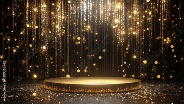 Fototapeta Golden Stage Surrounded by Sequins – Illuminated by Light with Black Curtains and Golden Stars in the Background