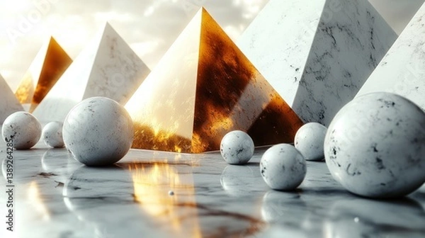 Obraz Marble pyramids, spheres, sunset, reflective floor, abstract art