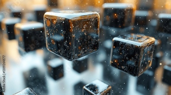 Obraz Dark Cubes Float, Glittering Background, Abstract, Digital Art