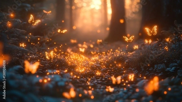 Obraz Glowing Butterflies Dancing in Misty Sunset Forest