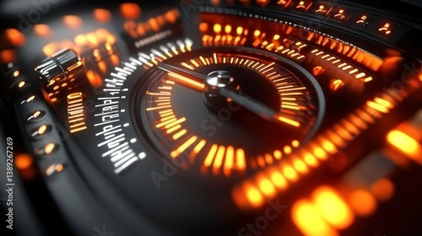 Obraz Futuristic dashboard glows orange, speed meter rising, close-up