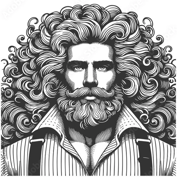 Obraz gentleman with an incredibly large, curly hairstyle, blending humor, surrealism, and vintage artistic style sketch engraving generative ai raster illustration. Scratch board. Black and white image.