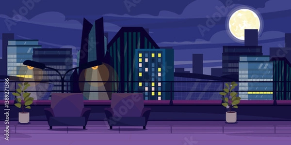 Fototapeta Vector illustration evening cityscape with a balcony on the roof. Cartoon scene of a roof terrace with a view of the city, modern houses, lamppost, armchairs, potted plants, full moon in the sky.