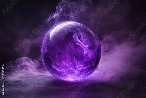 Fototapeta Empty crystal ball with purple smoke swirling around it, set against a dark background to highlight the glowing light inside. Creates an atmosphere of mystery and anticipation