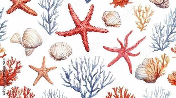 Obraz Sea Star, Coral, and Seashell Watercolor Pattern