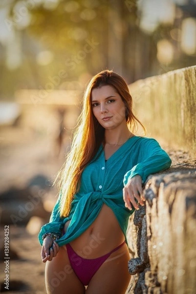 Fototapeta Elegant young woman posing outdoors