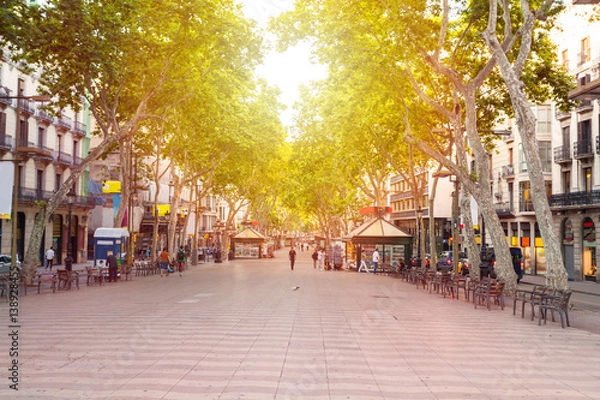 Obraz La Rambla street. The most popular street in Barcelona early in the morning. Almost empty. Spain
