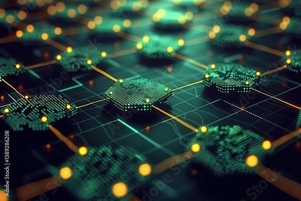 Fototapeta Abstract digital network with glowing nodes and interconnected structures.