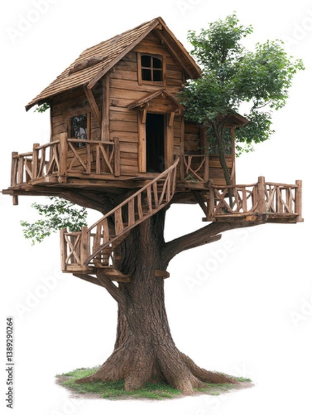 Fototapeta Charming Rustic Wooden Treehouse with Winding Staircase and Balcony Perfect for Kids Play and