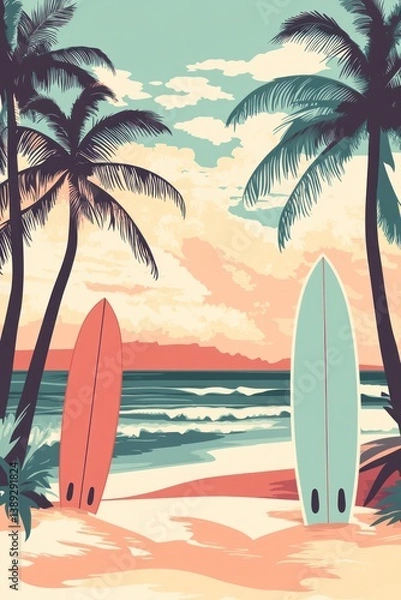 Fototapeta Two surfboards stand on the beach surrounded by palm trees