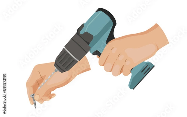 Obraz Human hands operating electric drill to insert screw, flat graphic style, isolated on white background. Concept of tool use and construction. Vector illustration